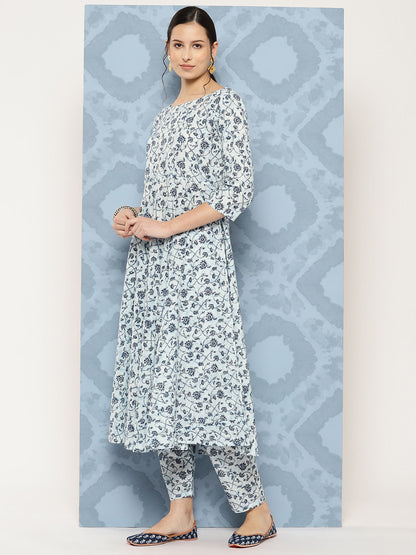 Blue Floral Printed Anarkali Kurta With Trouser And Dupatta