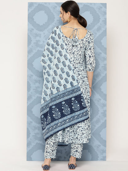 Blue Floral Printed Anarkali Kurta With Trouser And Dupatta