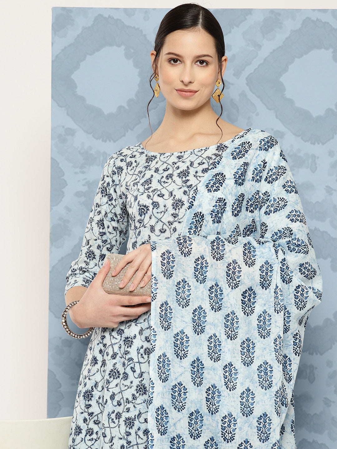 Blue Floral Printed Anarkali Kurta With Trouser And Dupatta