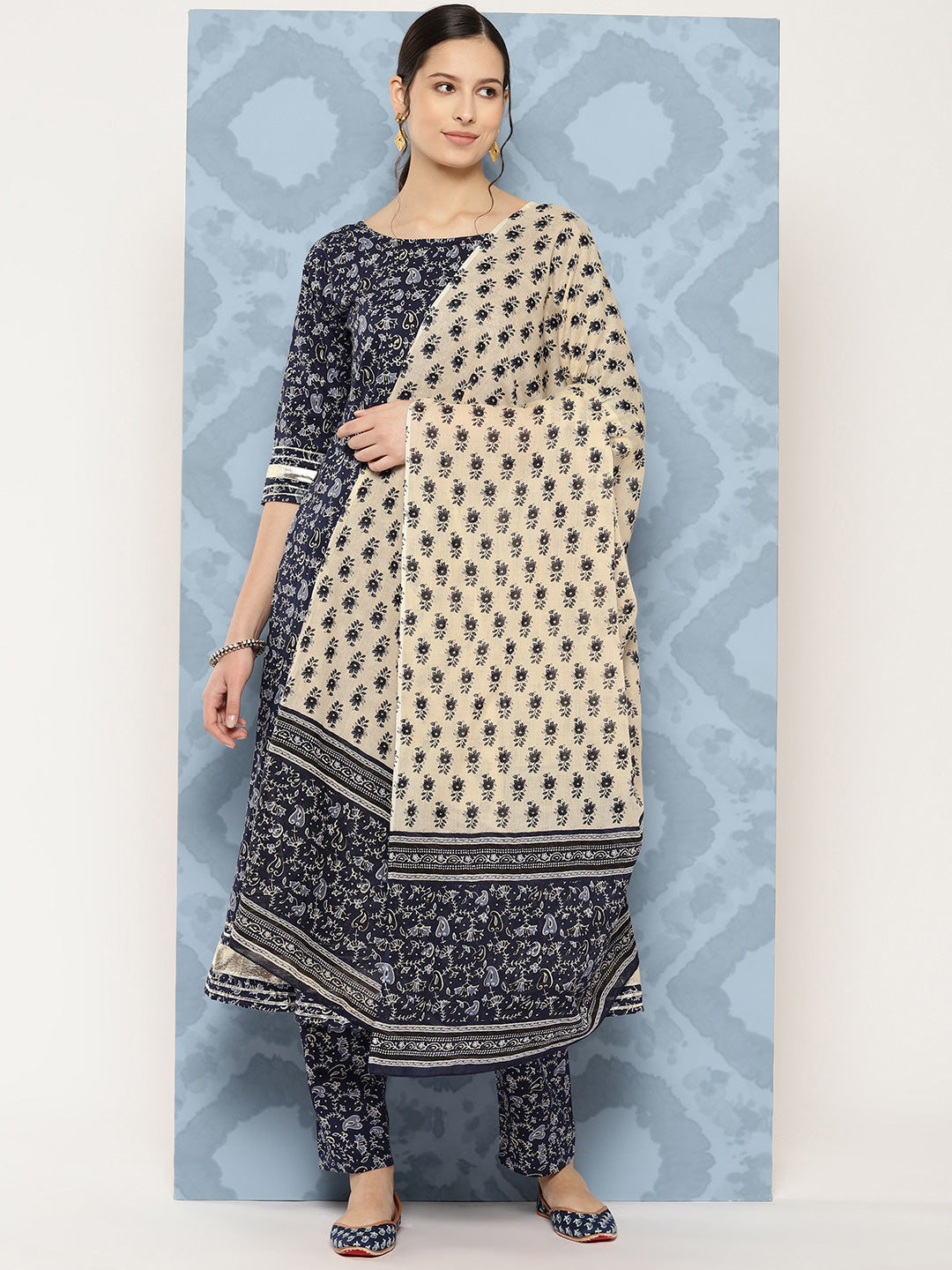 Blue Floral Printed Anarkali Kurta With Trouser And Dupatta