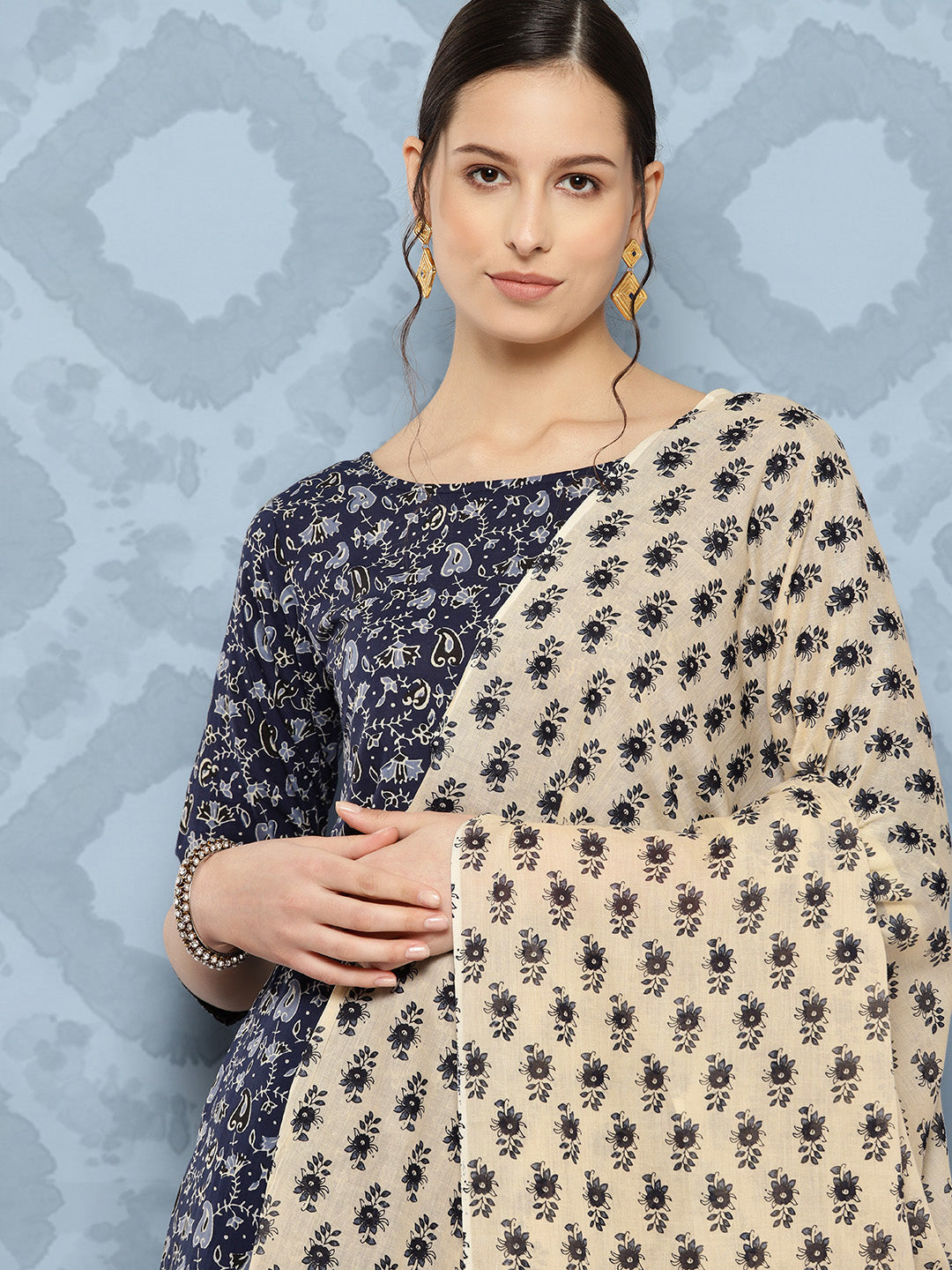 Blue Floral Printed Anarkali Kurta With Trouser And Dupatta