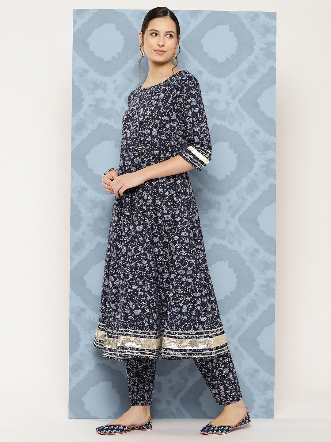 Blue Floral Printed Anarkali Kurta With Trouser And Dupatta