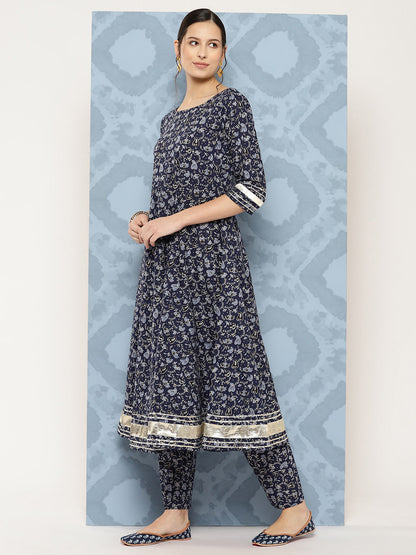 Blue Floral Printed Anarkali Kurta With Trouser And Dupatta