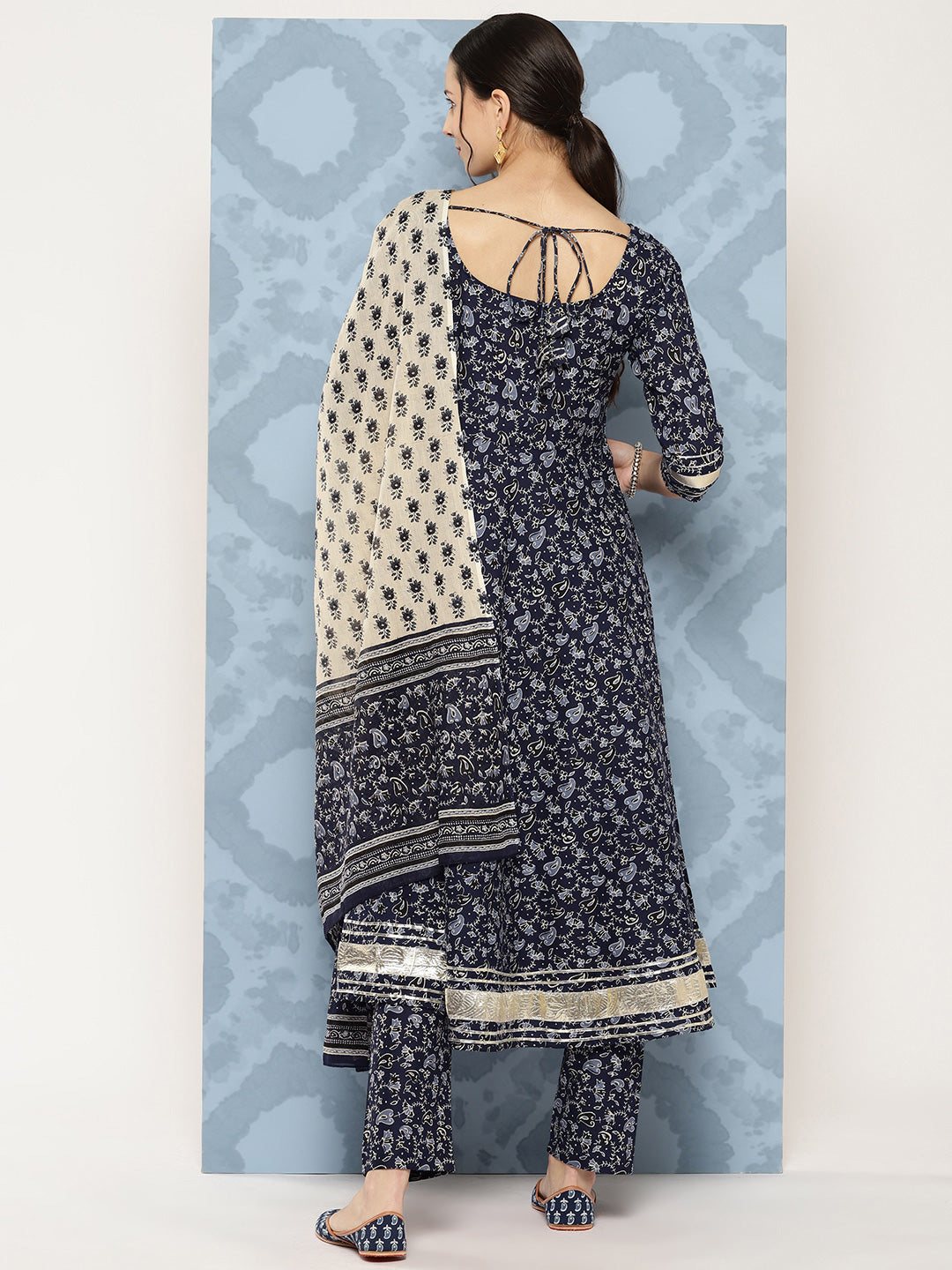 Blue Floral Printed Anarkali Kurta With Trouser And Dupatta
