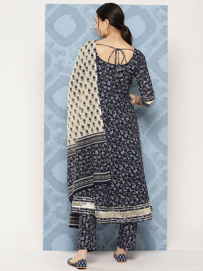Blue Floral Printed Anarkali Kurta With Trouser And Dupatta
