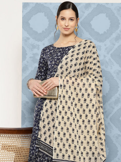 Blue Floral Printed Anarkali Kurta With Trouser And Dupatta