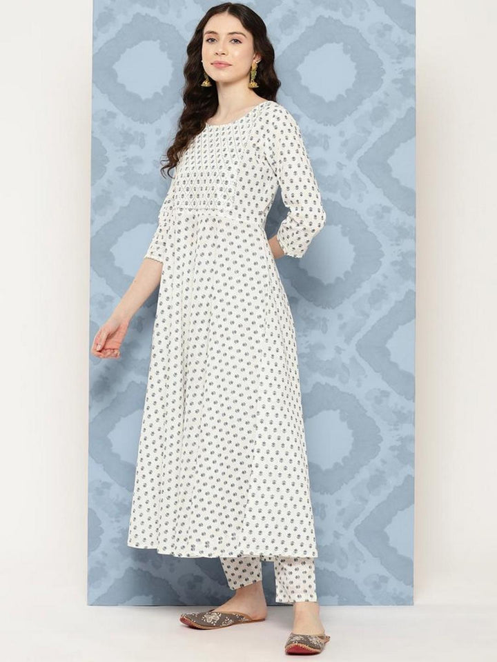 Off White Flared Kurta With Trouser &amp; Dupatta