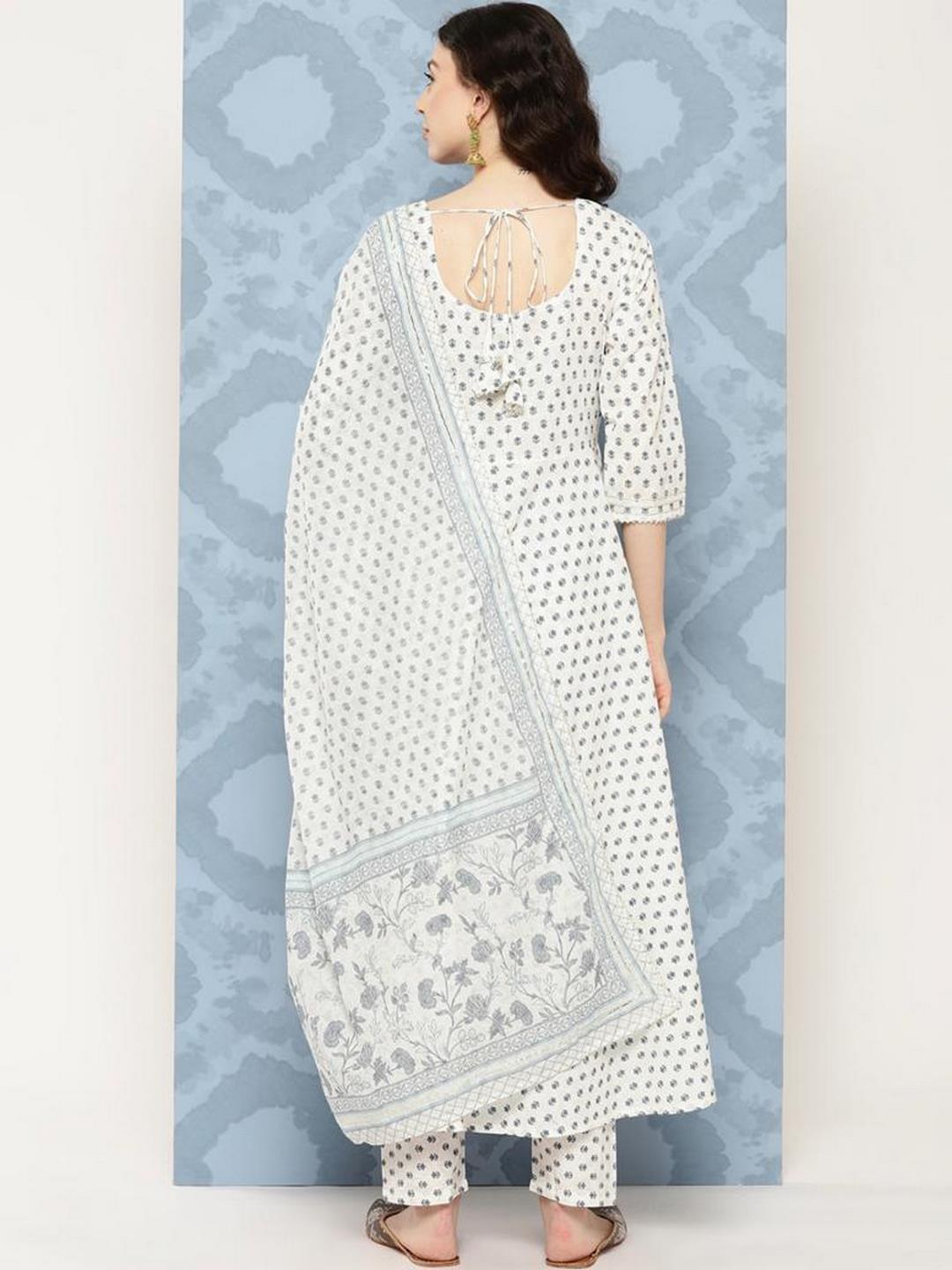 Off White Flared Kurta With Trouser & Dupatta