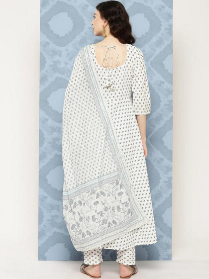 Off White Flared Kurta With Trouser & Dupatta