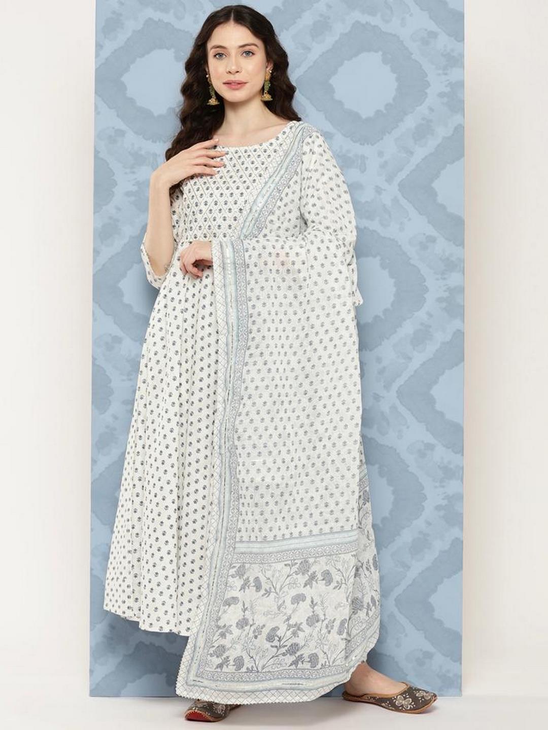 Off White Flared Kurta With Trouser &amp; Dupatta
