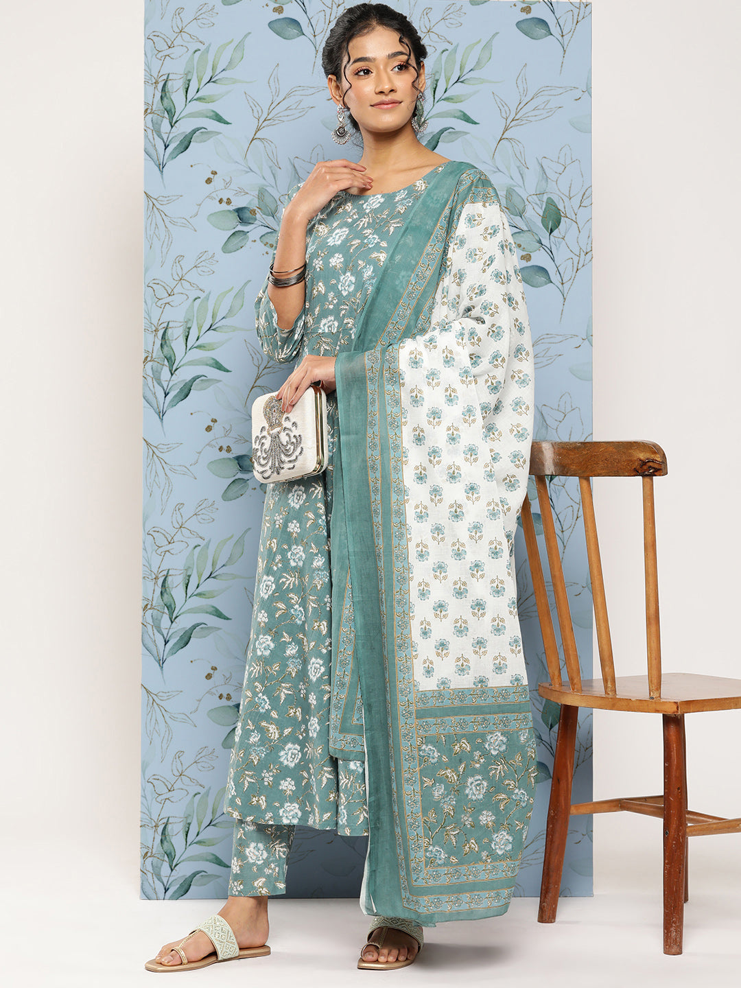 Green Floral Printed Anarkali Kurta With Trouser And Dupatta