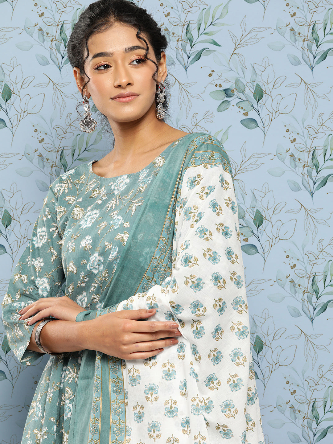 Green Floral Printed Anarkali Kurta With Trouser And Dupatta