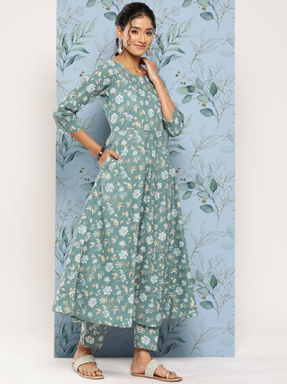 Green Floral Printed Anarkali Kurta With Trouser And Dupatta
