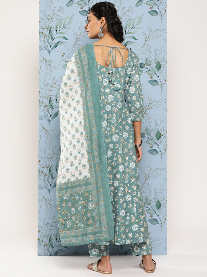 Green Floral Printed Anarkali Kurta With Trouser And Dupatta