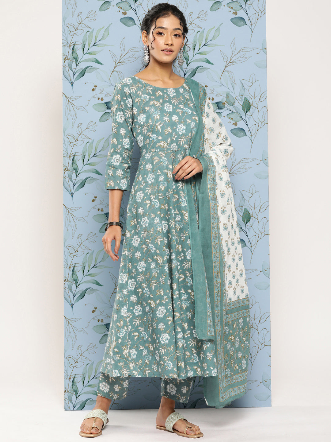 Green Floral Printed Anarkali Kurta With Trouser And Dupatta