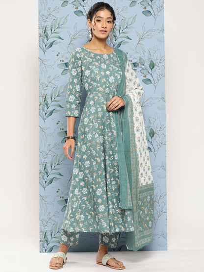 Green Floral Printed Anarkali Kurta With Trouser And Dupatta