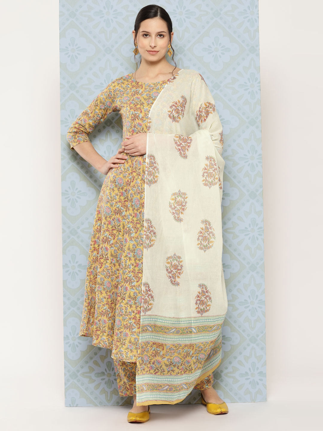 Yellow Printed Anarkali Kurta With Trouser And Dupatta