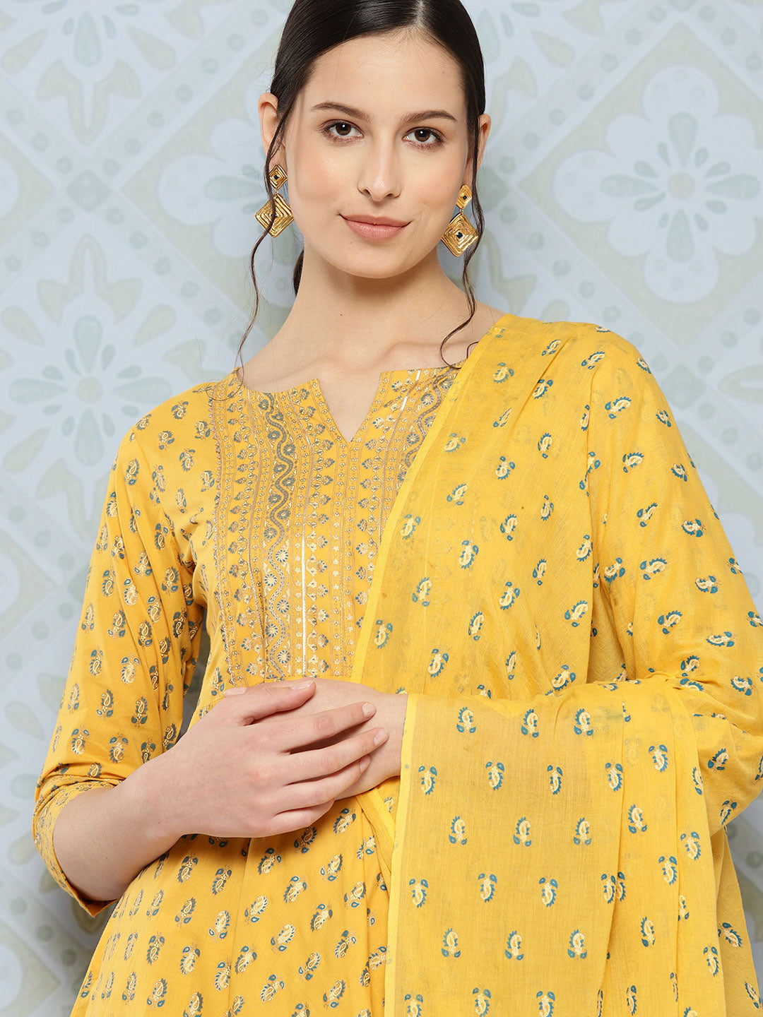 Yellow Printed Anarkali Kurta With Trouser And Dupatta