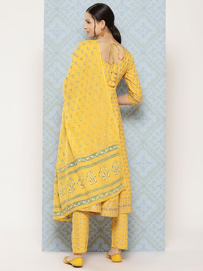 Yellow Printed Anarkali Kurta With Trouser And Dupatta