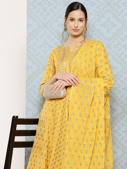 Yellow Printed Anarkali Kurta With Trouser And Dupatta