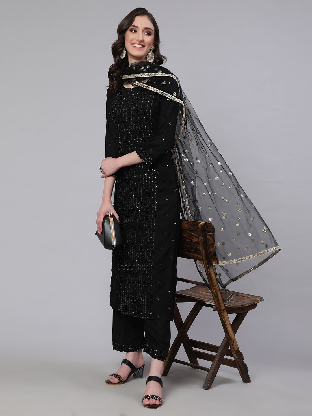 Black Embroidered Straight Kurta With Palazzo And Net Dupatta