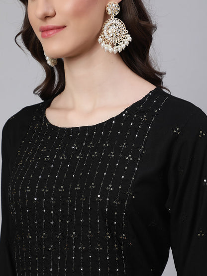 Black Embroidered Straight Kurta With Palazzo And Net Dupatta