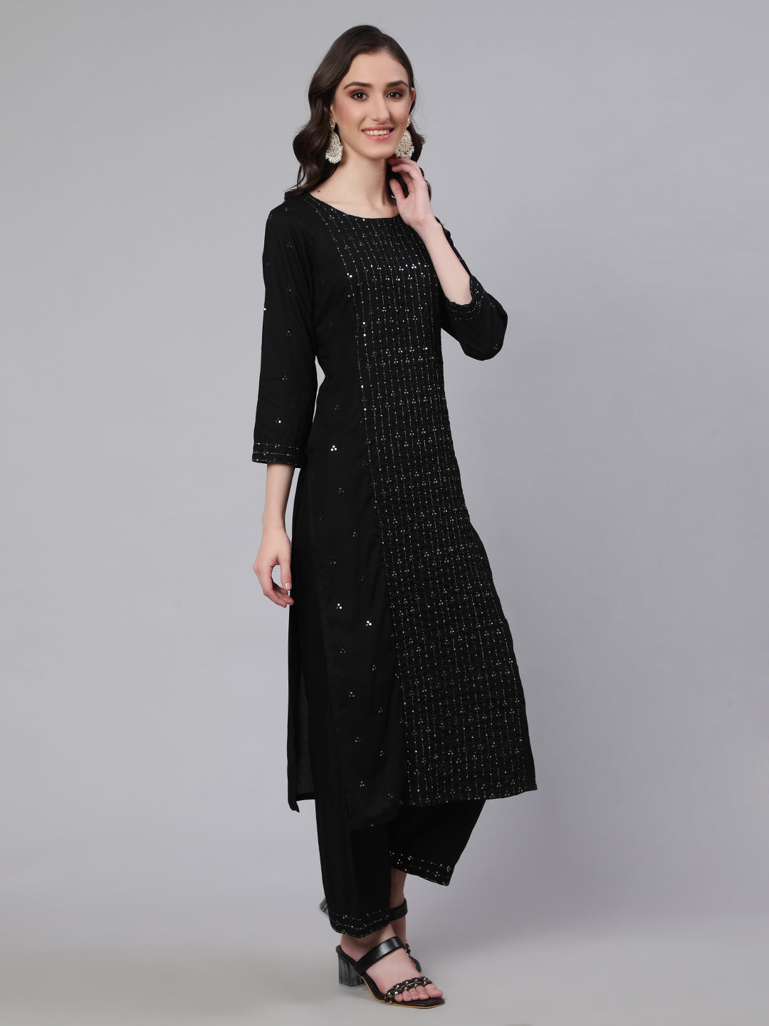 Black Embroidered Straight Kurta With Palazzo And Net Dupatta