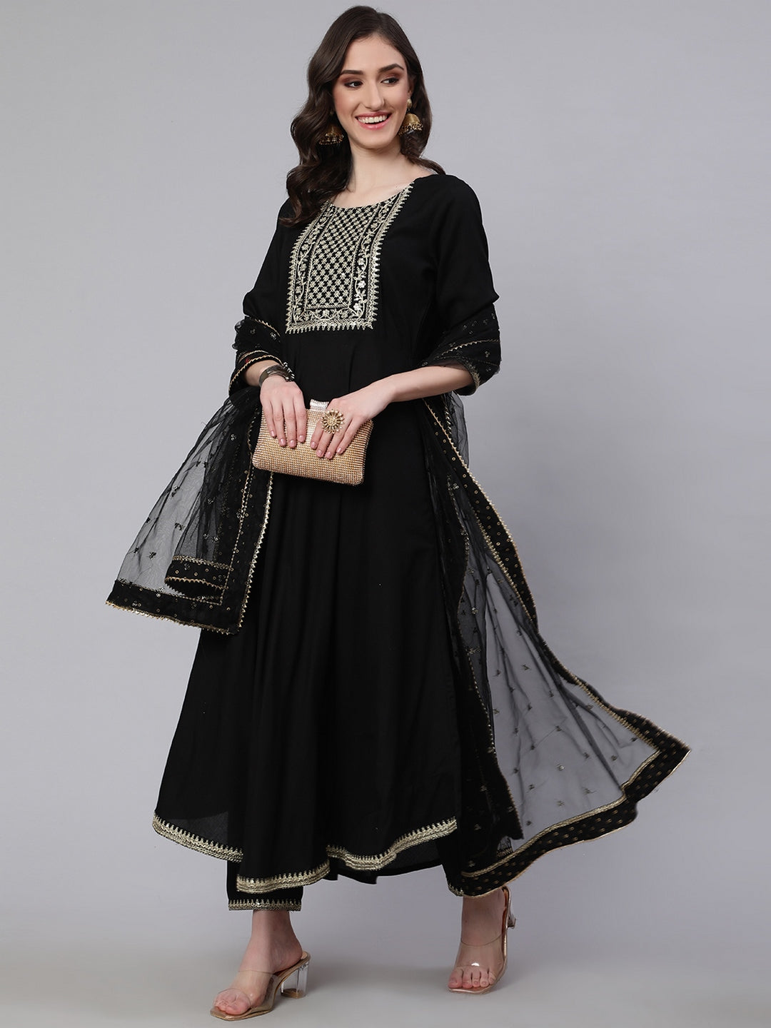 Black Embroidered Flared Kurta With Trouser And Net Dupatta