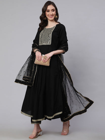 Black Embroidered Flared Kurta With Trouser And Net Dupatta