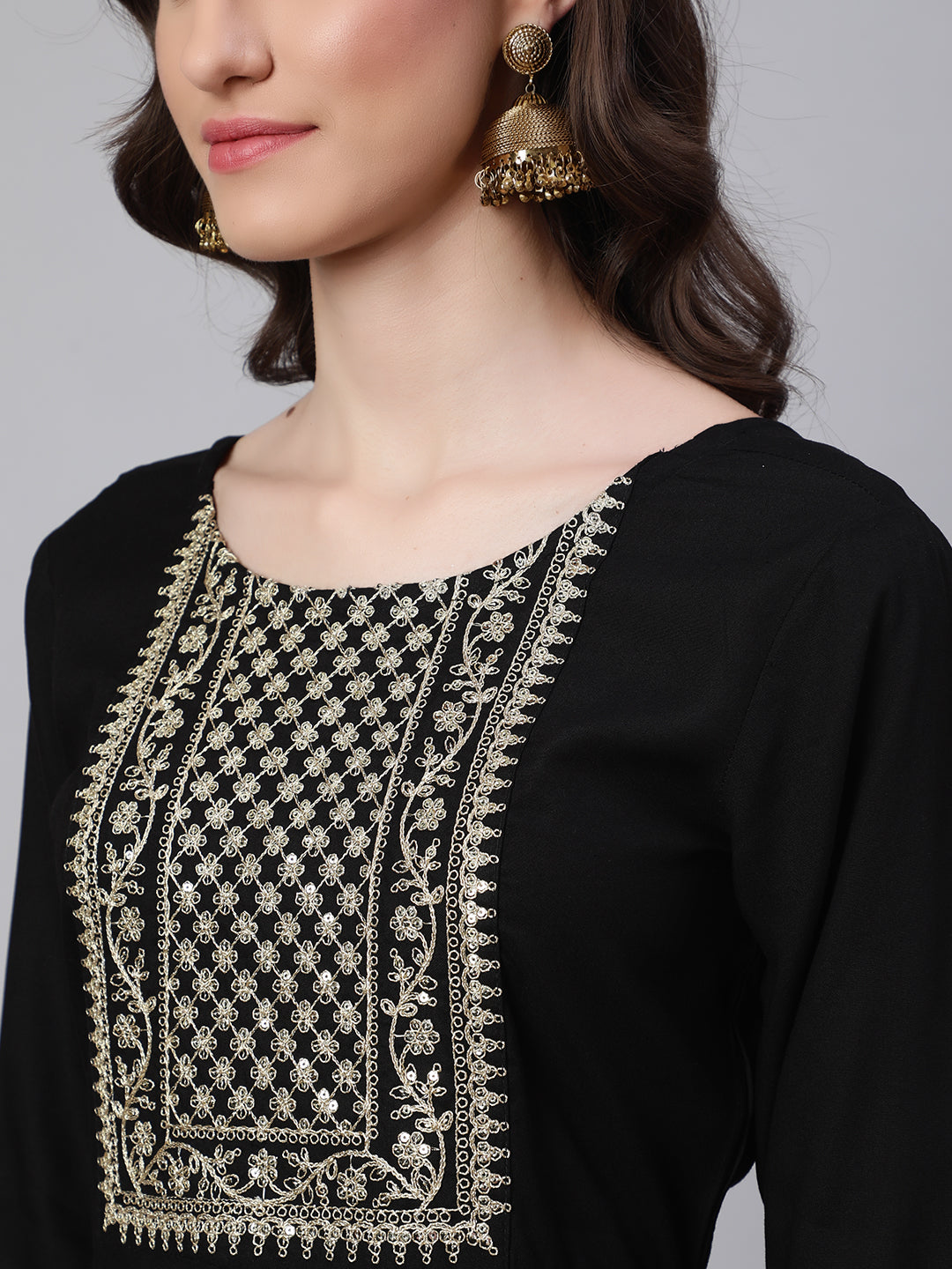 Black Embroidered Flared Kurta With Trouser And Net Dupatta