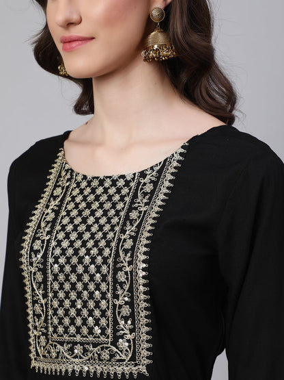 Black Embroidered Flared Kurta With Trouser And Net Dupatta
