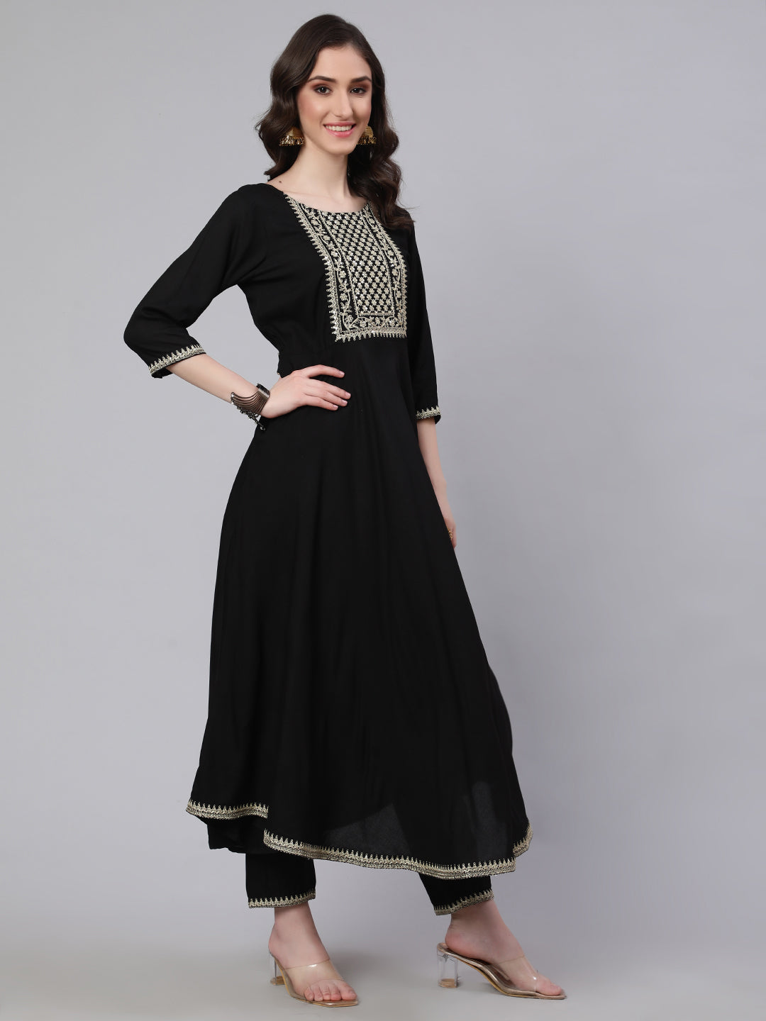 Black Embroidered Flared Kurta With Trouser And Net Dupatta