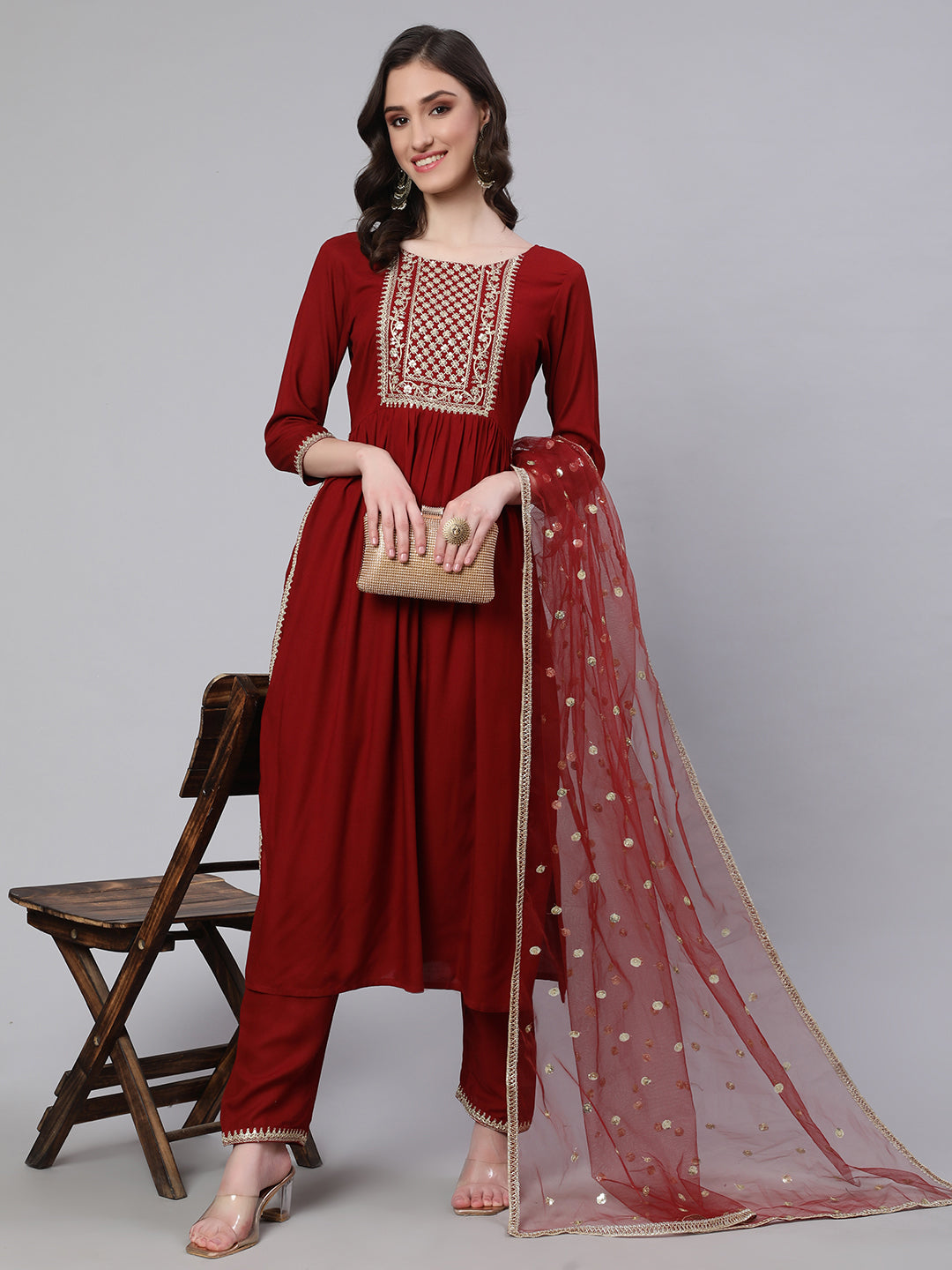 Maroon Embroidered Naira Cut Kurta With Trouser And Net Dupatta