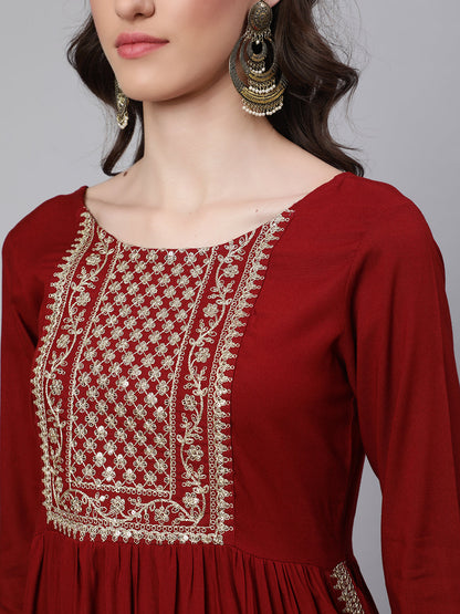 Maroon Embroidered Naira Cut Kurta With Trouser And Net Dupatta