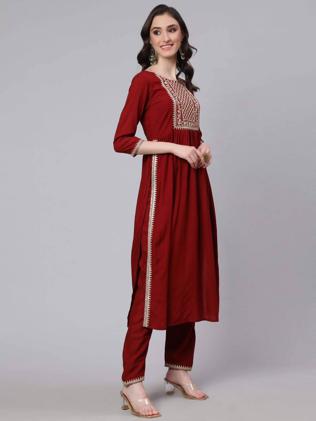 Maroon Embroidered Naira Cut Kurta With Trouser And Net Dupatta