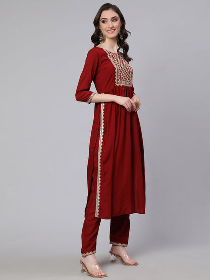 Maroon Embroidered Naira Cut Kurta With Trouser And Net Dupatta