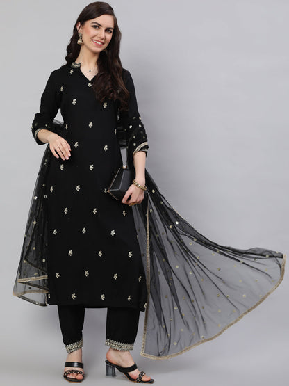Black Embroidered Straight Kurta With Trouser And Net Dupatta