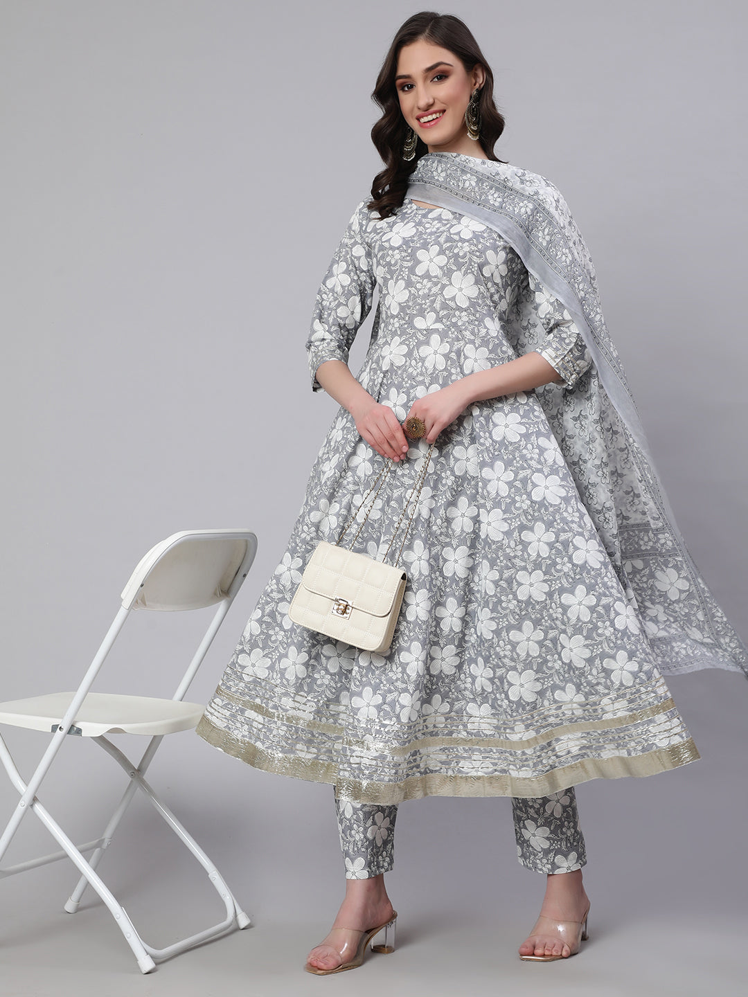 Women Grey Ethnic Printed Anarkali Kurta With Trouser And Dupatta