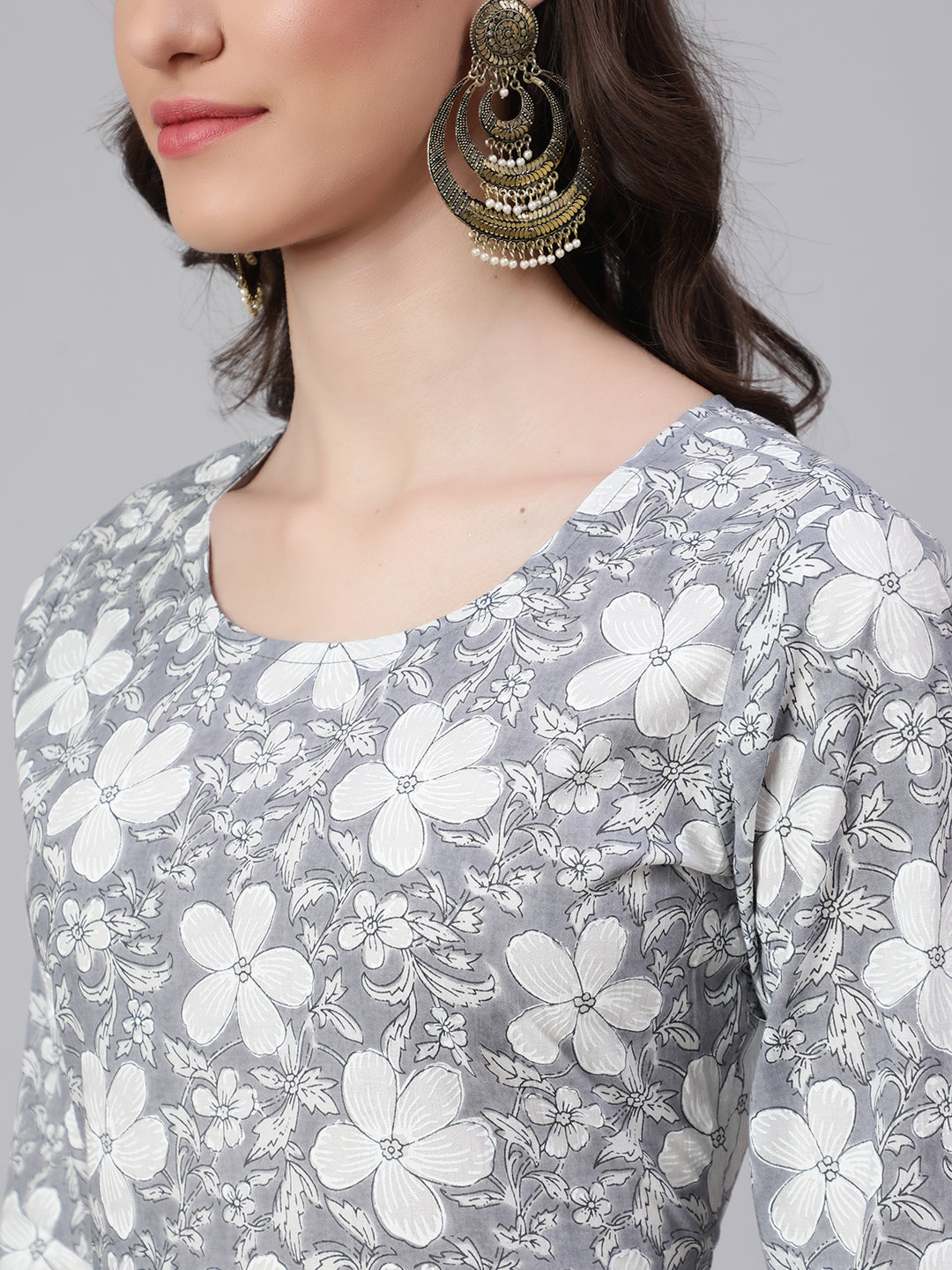 Women Grey Ethnic Printed Anarkali Kurta With Trouser And Dupatta