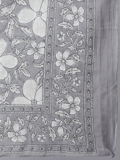 Women Grey Ethnic Printed Anarkali Kurta With Trouser And Dupatta