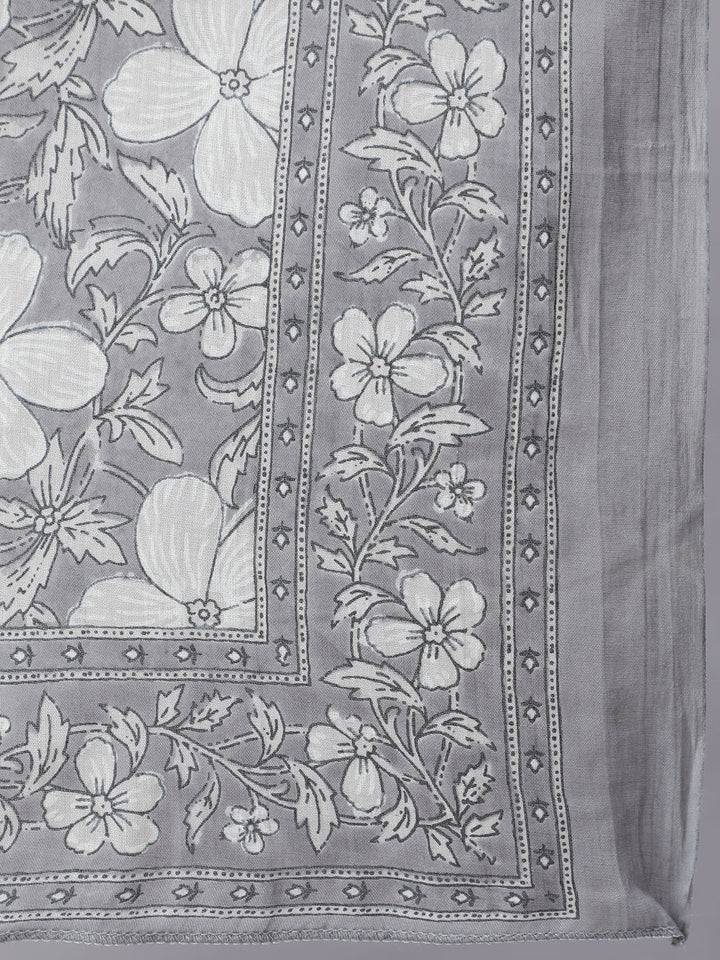 Women Grey Ethnic Printed Anarkali Kurta With Trouser And Dupatta