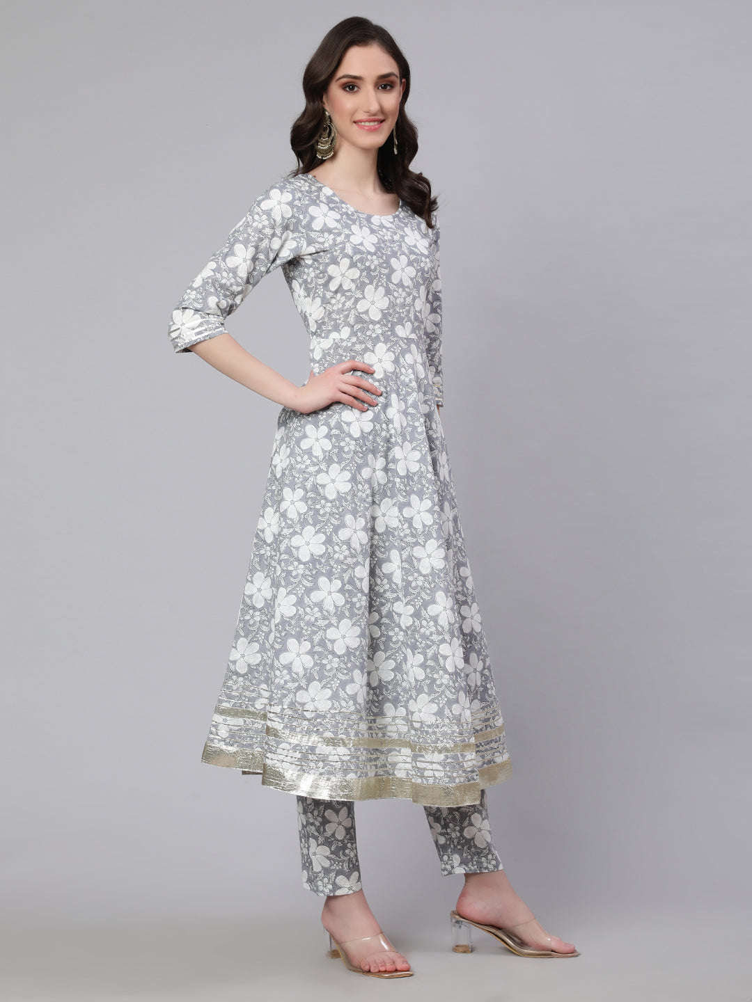 Women Grey Ethnic Printed Anarkali Kurta With Trouser And Dupatta