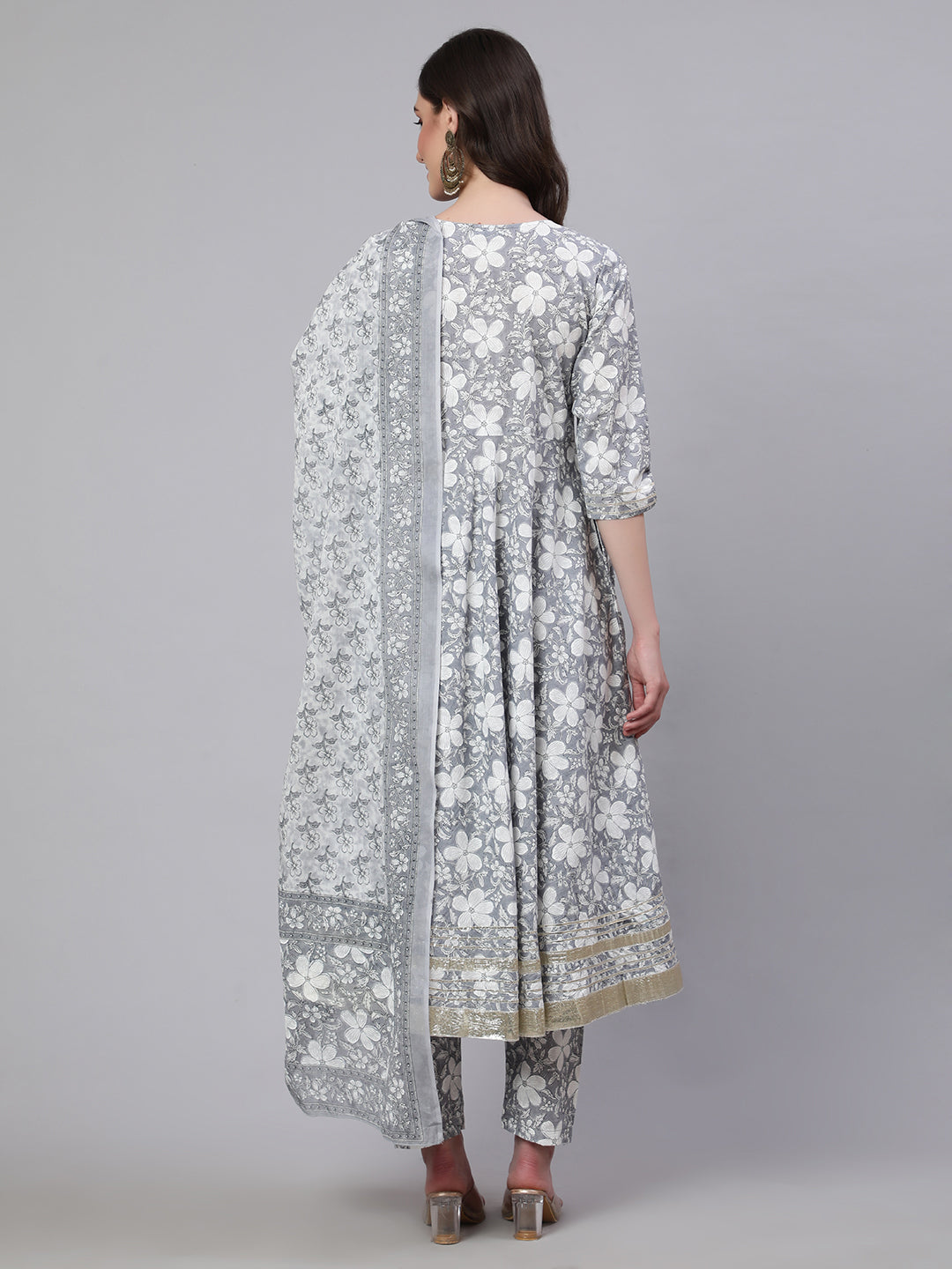 Women Grey Ethnic Printed Anarkali Kurta With Trouser And Dupatta