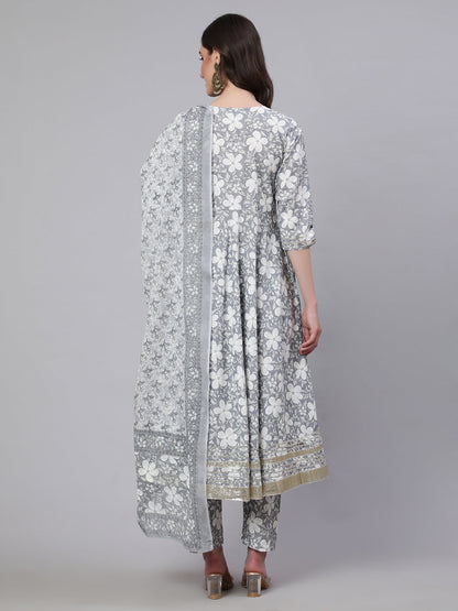 Women Grey Ethnic Printed Anarkali Kurta With Trouser And Dupatta
