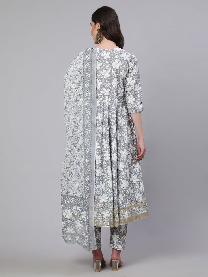 Women Grey Ethnic Printed Anarkali Kurta With Trouser And Dupatta
