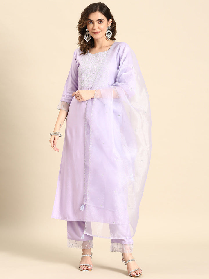 Women Lavender Embroidered Straight Kurta With Palazzo &amp; Dupatta
