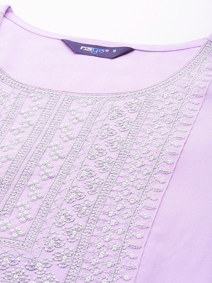 Women Lavender Embroidered Straight Kurta With Palazzo &amp; Dupatta