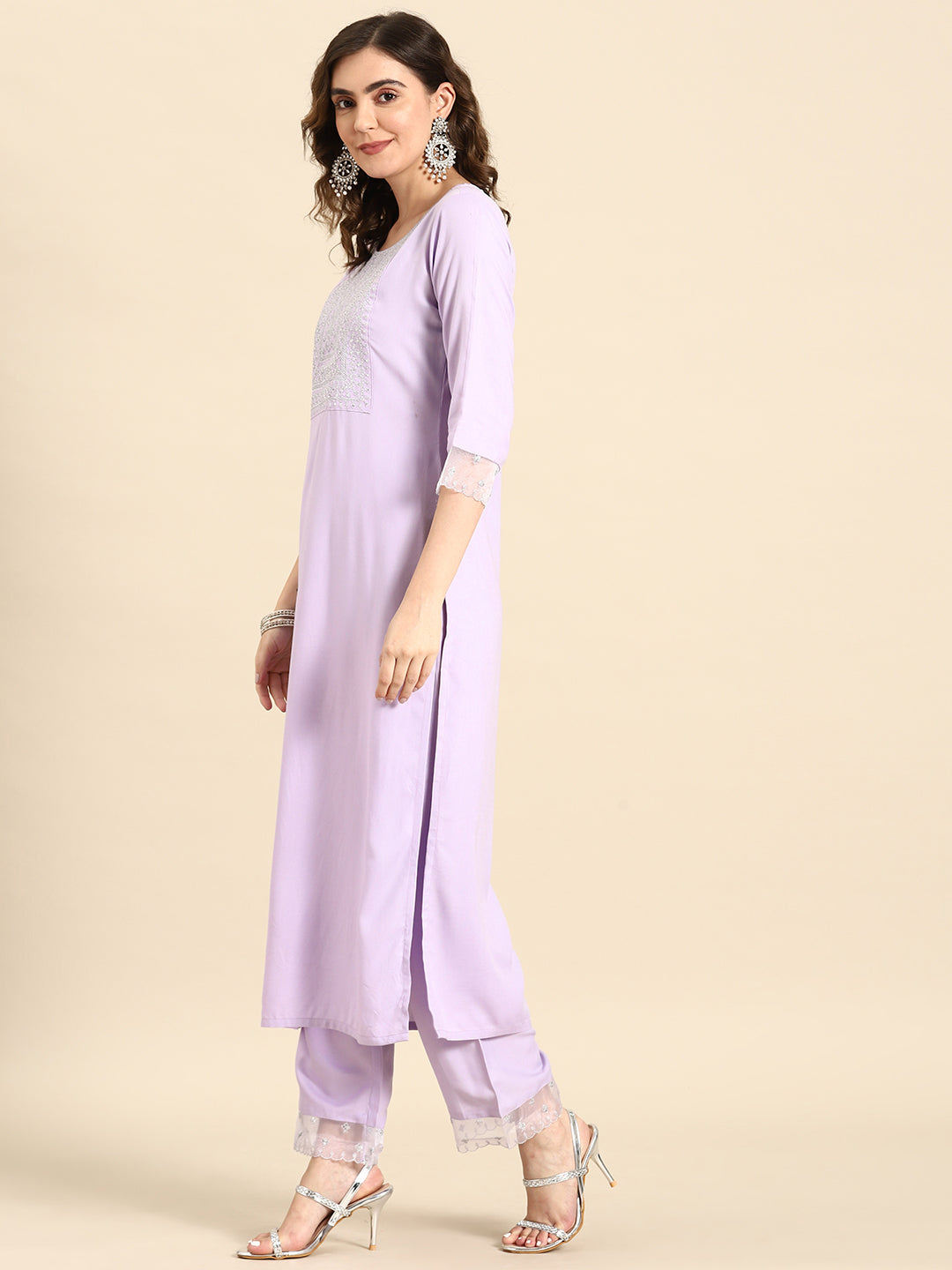 Women Lavender Embroidered Straight Kurta With Palazzo &amp; Dupatta