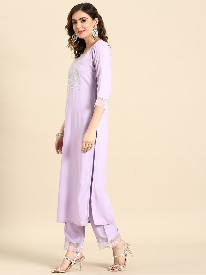 Women Lavender Embroidered Straight Kurta With Palazzo &amp; Dupatta