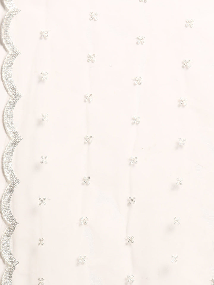 Women White Embroidered Straight Kurta With Palazzo And Net Dupatta